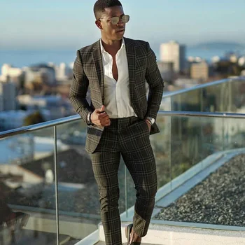 Custom Made Serin Onay Ekose Erkek Takım Elbise 2 Parça Damat Sağdıç Pantolon Takım Elbise Iş Düğün Blazer Ceket (Ceket + Pantolon)