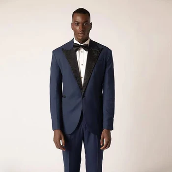 Lacivert Slim Fit Düğün Smokin Bir Düğme Pullu Doruğa Yaka Erkek Takım Elbise İki Adet Mans Blazer