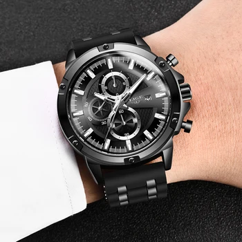 LIGE Moda Silikon Siyah Kuvars Erkek Saatler Top Marka Lüks İzle Erkekler İş Su Geçirmez Saat Erkek Spor Chronograph + Kutusu