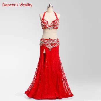 Lüks Kalite Oryantal Dans Takım Elbise Kadın Sahne Performansı Giyim Boncuklu Sutyen+Kemer+Dantel Fishtail Etek 3 adet set suits
