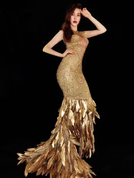 Seksi Sahne Sparkly Altın Rhinestone Tüy Uzun Kuyruk Elbise Doğum Günü Kutlamak Elbise Spandex Kostüm Kadın Dans Kıyafeti Elbiseler