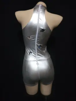 Yanıp sönen Gümüş Ayna Rhinestone Bodysuit Eldiven Balo Kadın Dans Gösterisi Kıyafet Akşam Doğum Günü Kutlamak Sahne Giyim